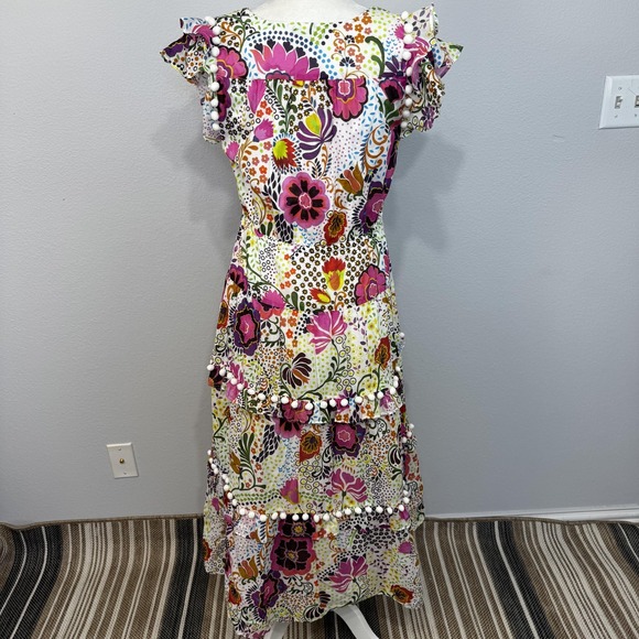 J.Crew Pom Pom Dress Women's 6 Multicolor‎ Ratti Retro Floral Tiered Ruffle Maxi - Picture 5 of 16
